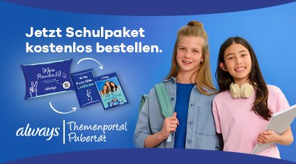 Zwei Mädchen lächeln in Kamera; Aufforderung zur Bestellung des Schulpakets