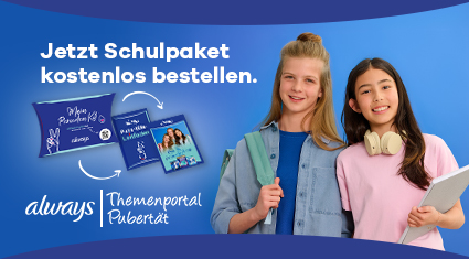 Mädchen lächeln in Kamera; Aufforderung zur Bestellung des Schulpakets